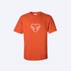 Orange t-shirt with heart graphic design.